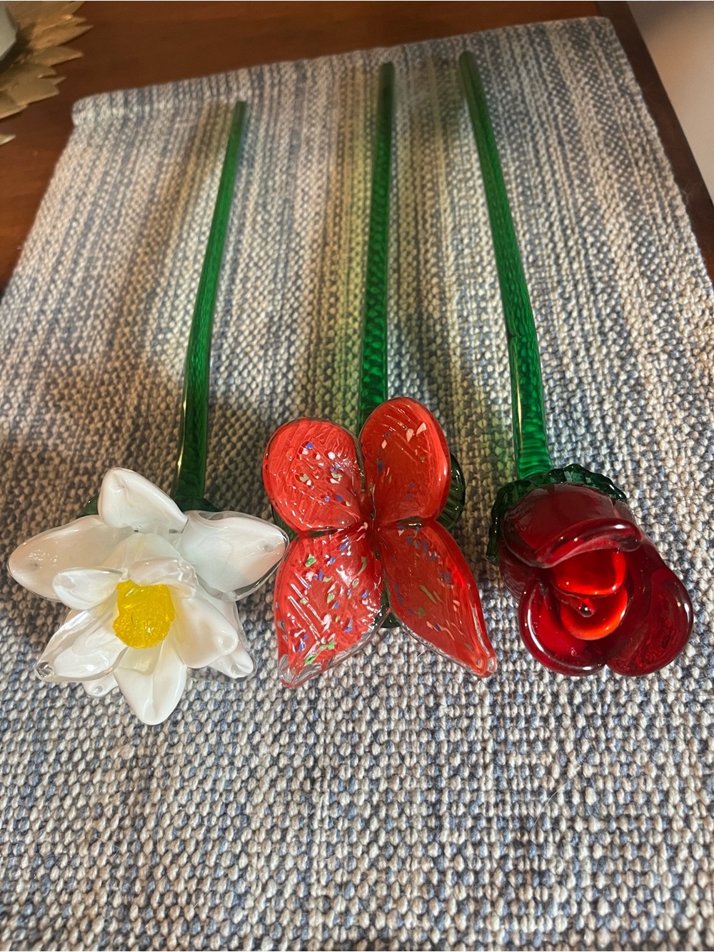 Handmade Glass Flower Stems - White, Red & Orange Set